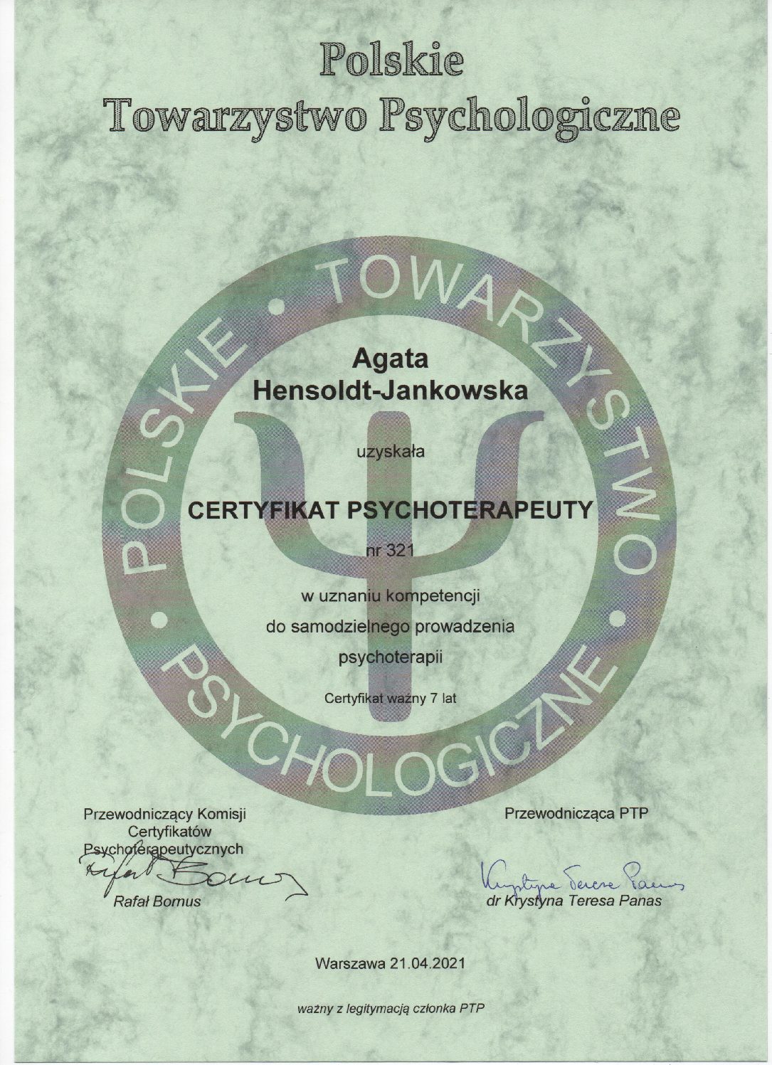 Certyfikat Psychoterapeuty